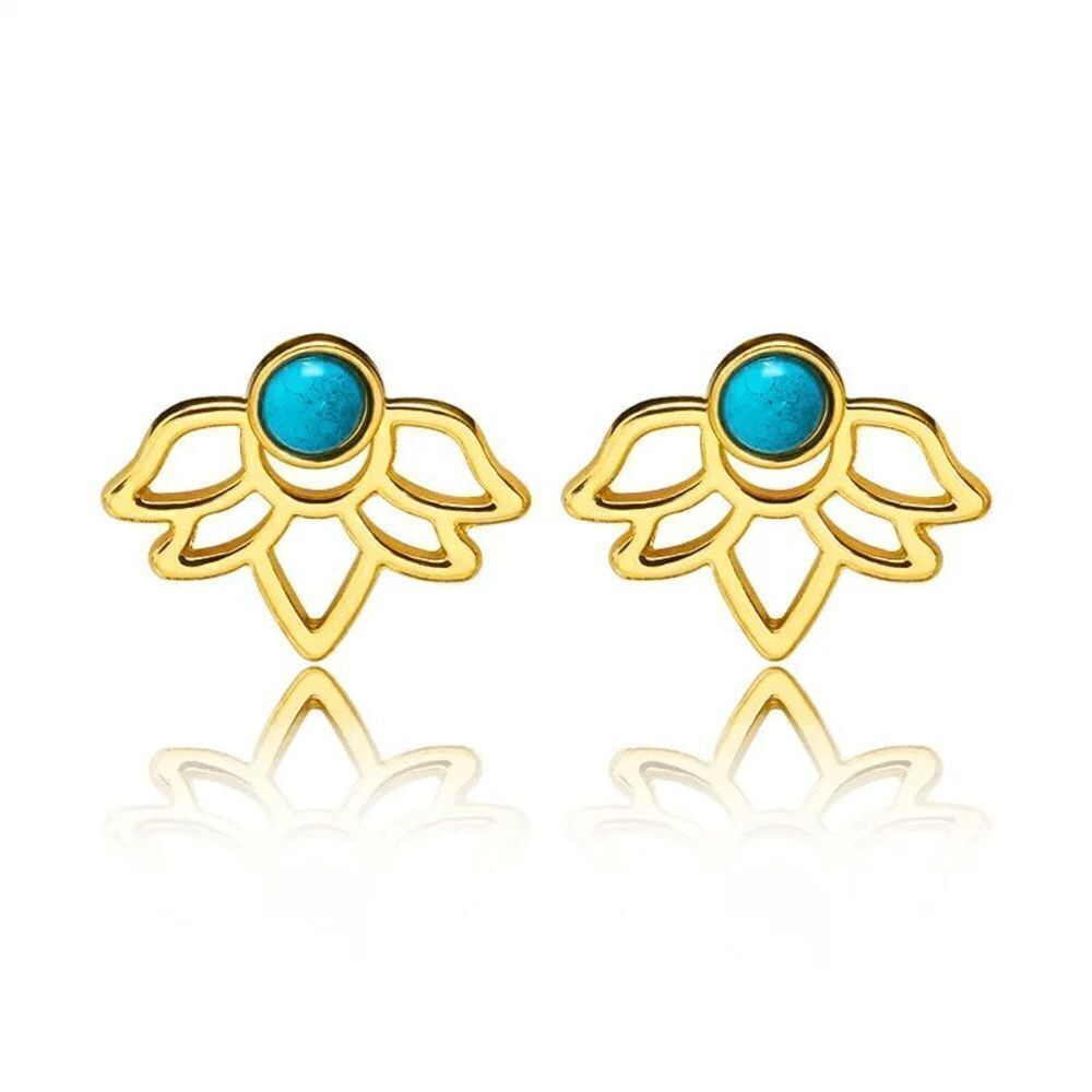 Gold Lotus Flower Turquoise Stud Earrings